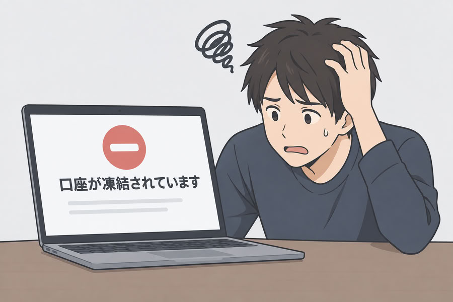 AI生成：XMTradingの口座凍結に戸惑う男性とパソコン