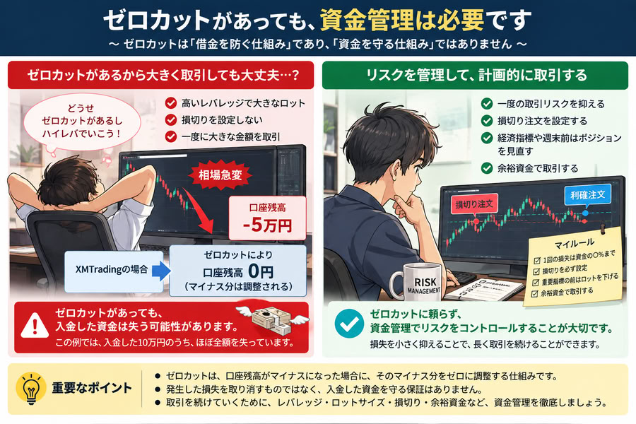 AI生成:ゼロカットの限界と適切な資金管理の重要性を、ハイレバレッジ取引と計画的な取引の対比で示した図解