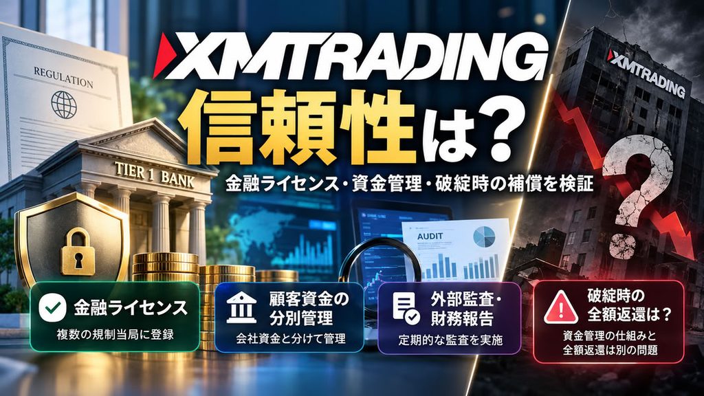 AI生成:XMTradingの金融ライセンス・顧客資金の分別管理・外部監査と、破綻時の全額返還リスクを比較した信頼性のアイキャッチ