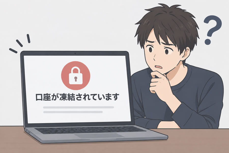 AI生成：XMTradingの口座凍結に戸惑う男性とパソコン