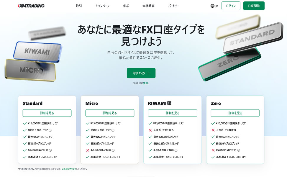 XMtrading公式サイトの口座種を説明する画面のスクショ